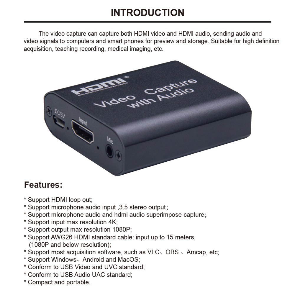 Portable High Definition Multimedia Interface Video Capture Card with Loop Out Audio 1080P Output Maximum Resolution