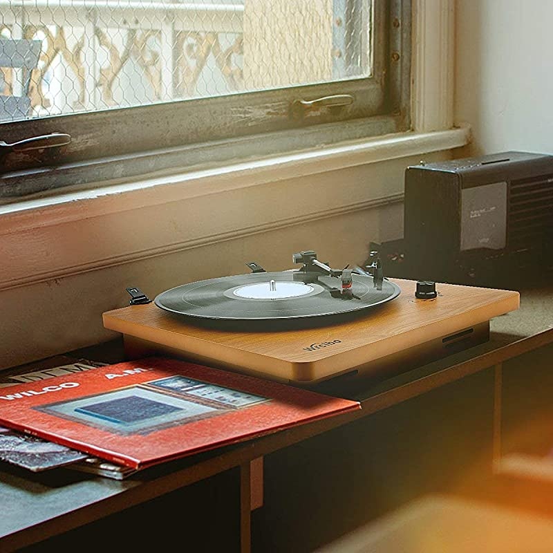 Record Player Vintage Turntable 3Speed Belt Drive Vinyl Player LP Record Player with Builtin Stereo Speaker Auxin Headphone Jack and RCA Output Natural Wood
