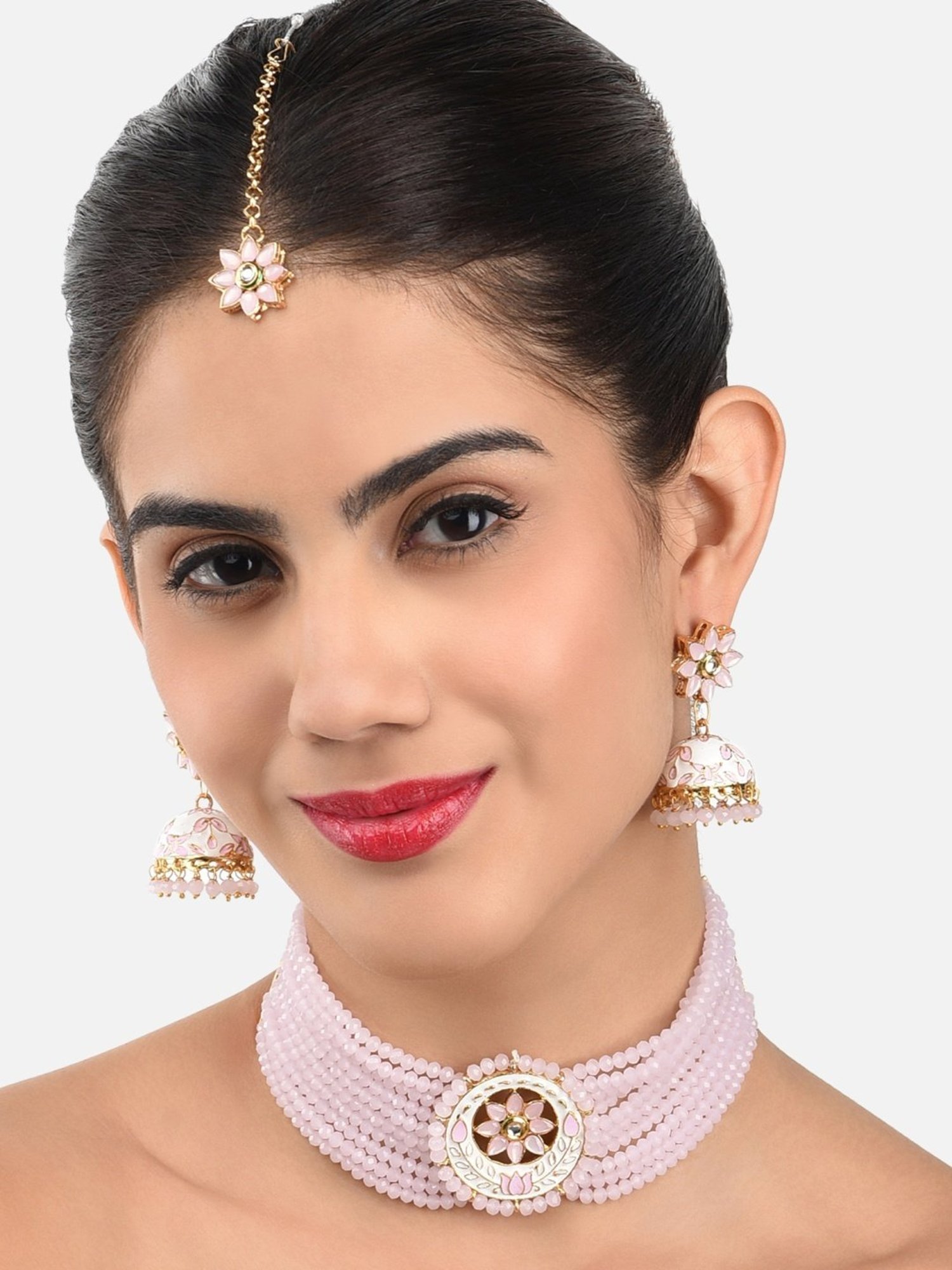 Zaveri Pearls Pink White Meenakari Crystal Multistrand Necklace Earring Maangtikka Set-ZPFK10274