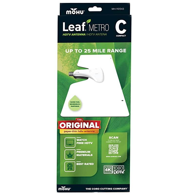 Leaf Metro TV Antenna, Indoor, Portable, 25 Mile Range, Original Paper-thin, Reversible, Paintable, 4K-Ready HDTV, 10 Foot Detachable Cable, Premium Materials for Performance, USA Made, MH-110543