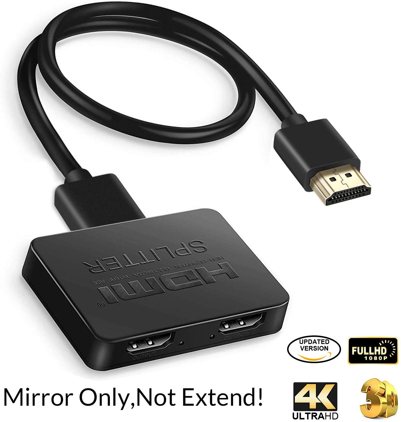 HDMI Splitter 1 in 2 Out, 4K HDMI Splitter for Dual Monitors Duplicate/Mirror Only, 1x2 HDMI Splitter 1 to 2 Amplifier for Full HD 1080P 3D with HDMI Cable (1 Source onto 2 Displays)
