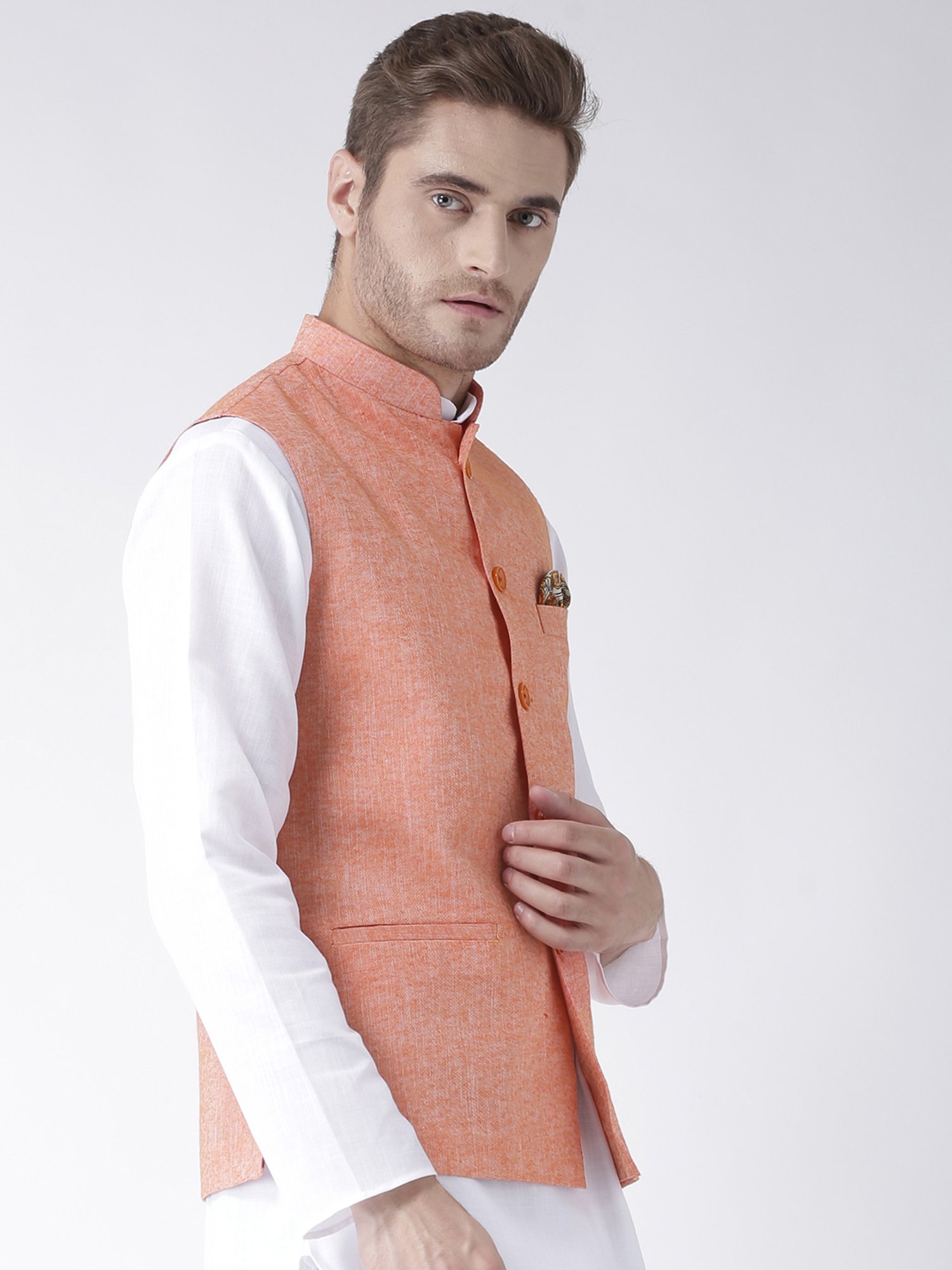 Hangup Plus Orange Regular Fit Linen Nehru Jacket