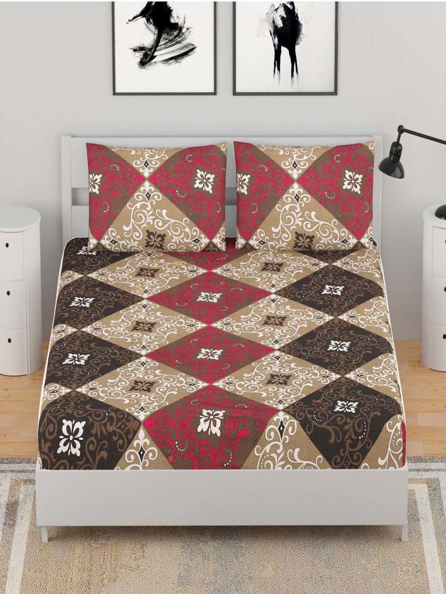 BELLA CASA Classic Multicolor Microfibre 210 TC Queen Bedsheet with 2 Pillow Covers