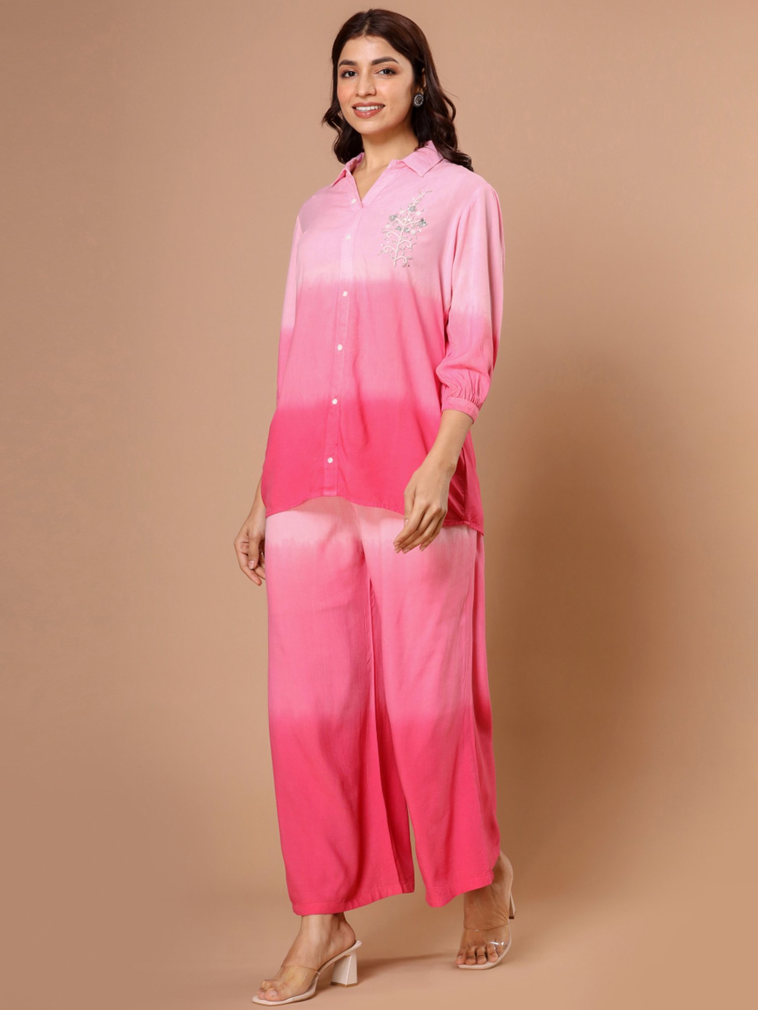 Zolo Label Pink Embroidered Top Pant Set