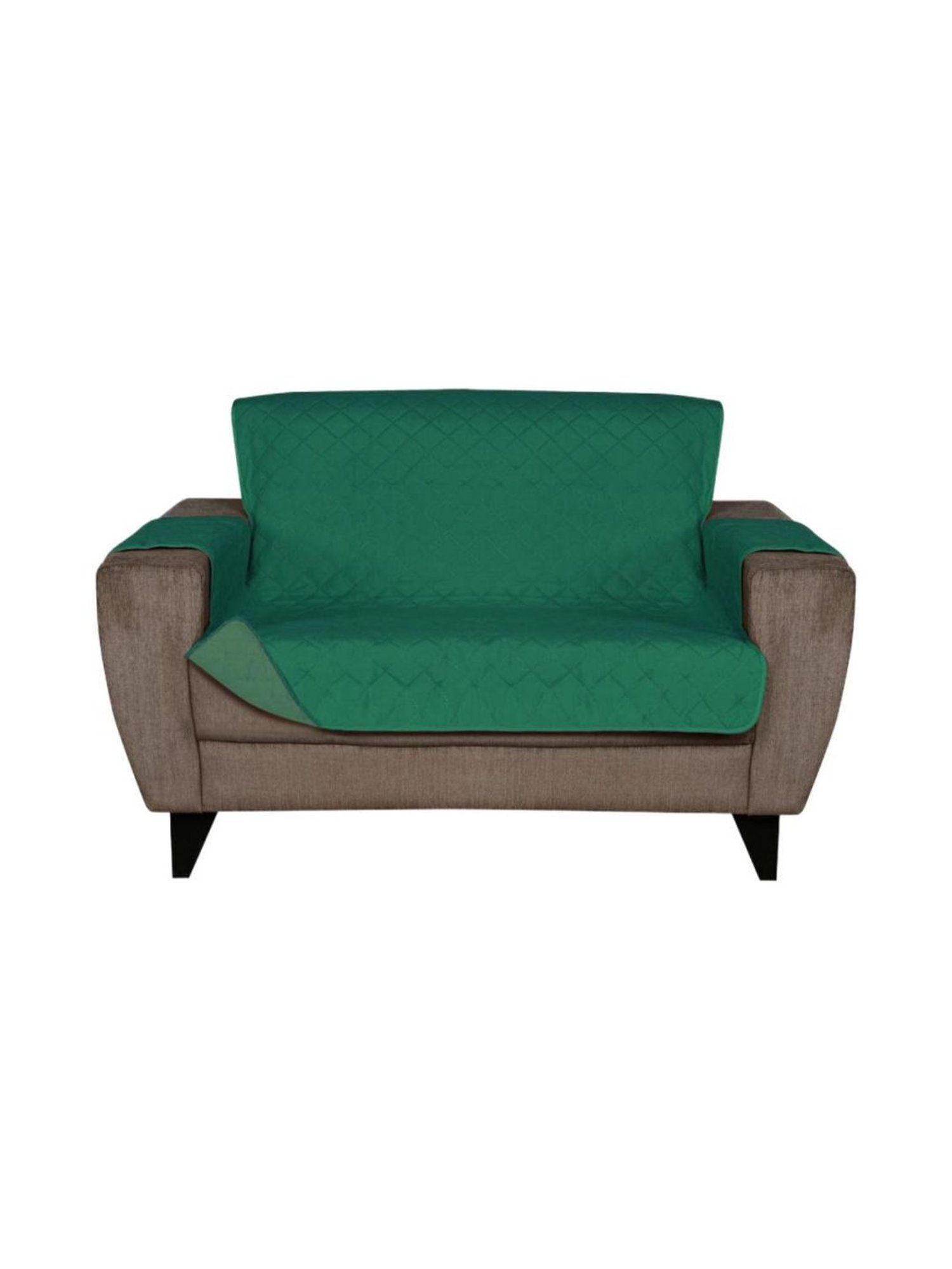 @home EMERALD & GREEN Solid Polyester Quilted Reversible 2 Seater Sofa Cover