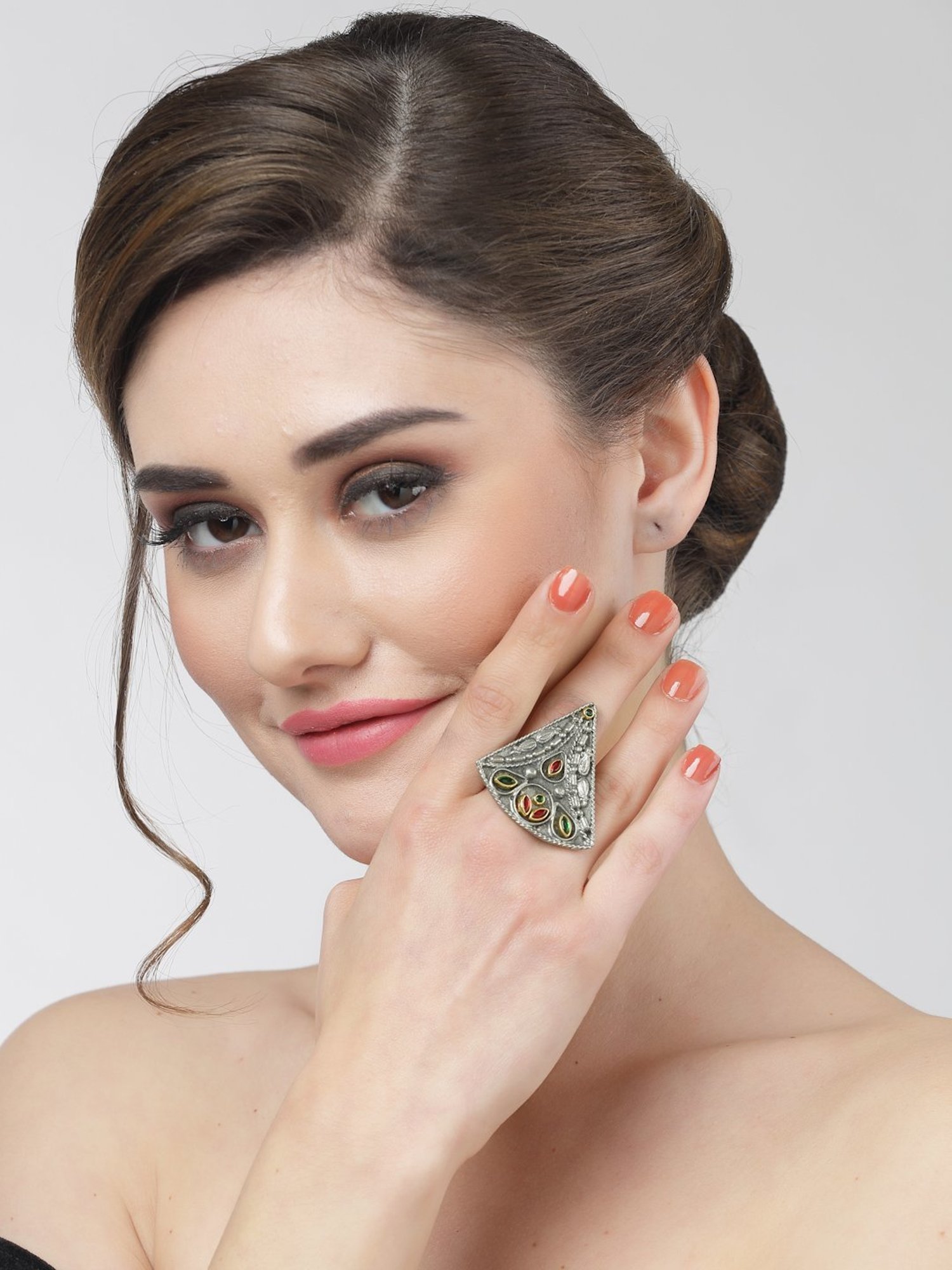 Moedbuille Handcrafted Crystals Studded Antique Tribal Design Oxidised Silver Plated Finger Ring