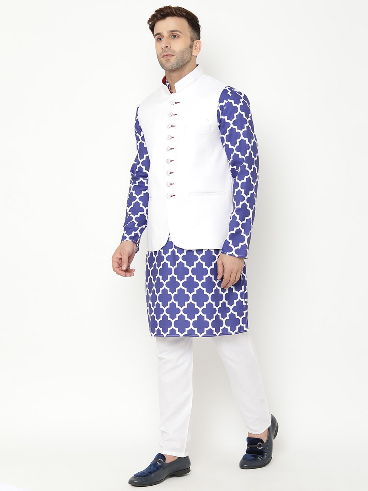 Hangup Navy & White Regular Fit Printed Kurta Bottom & Jacket Set
