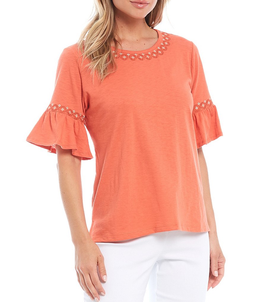 Allison Daley Petite Size Slub Jersey Ruffle Short Sleeve Crew Neck Top