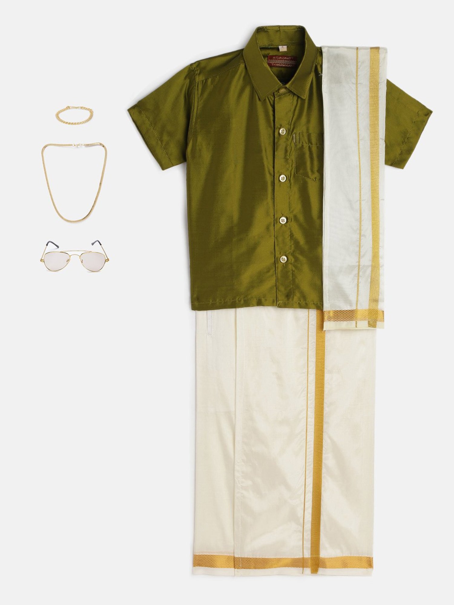 THANGAMAGAN Kids Olive & Cream Solid  Shirt,  Dhoti,  Towel With  Freebies Set