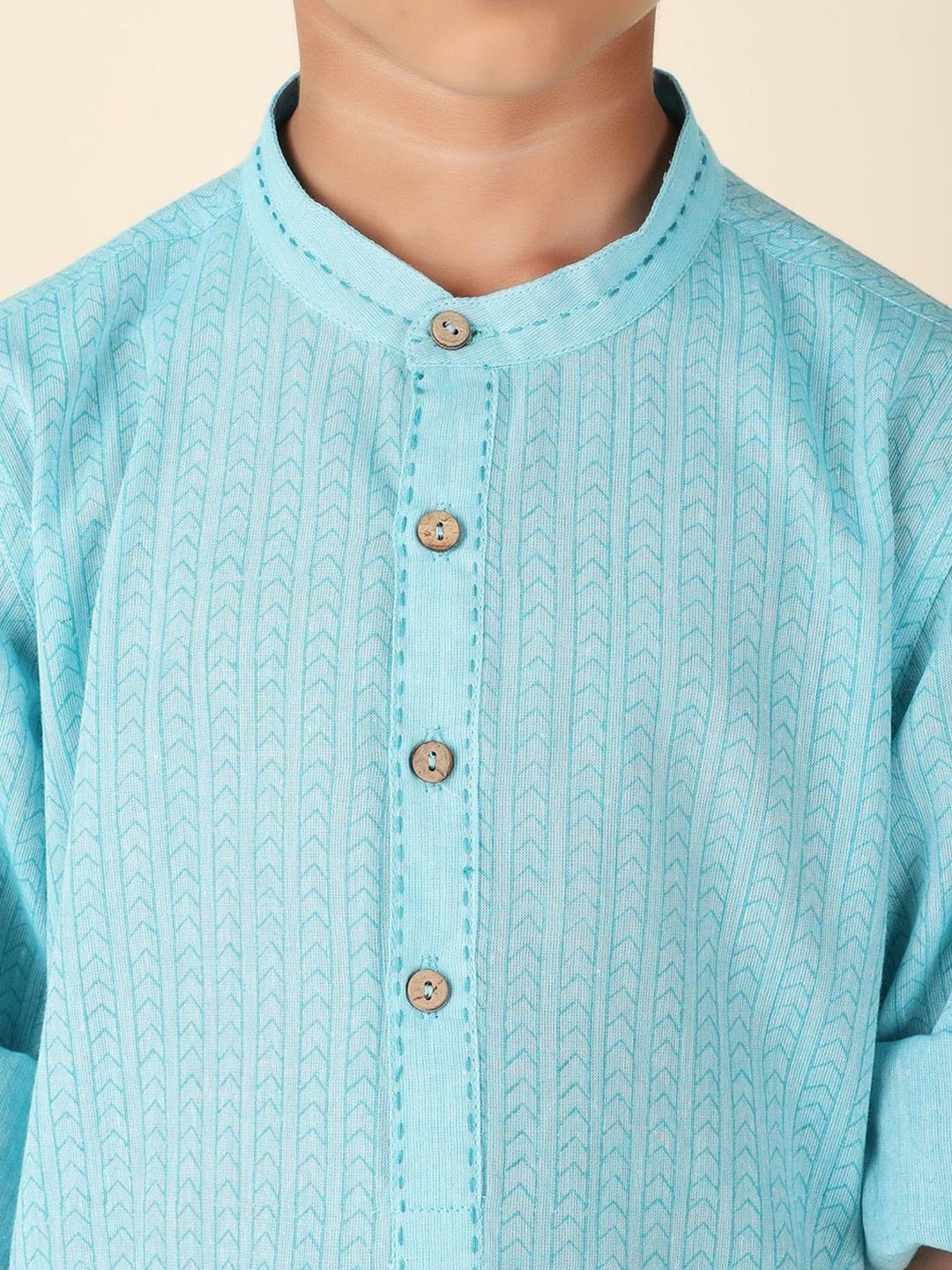 Fabindia Kids Blue Cotton Printed Full Sleeves Kurta