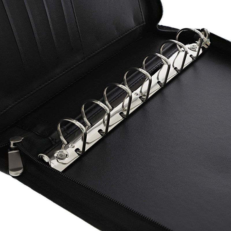 7 Ring Business Check Book Binder Checkbook Leather Portfolio Cover with Zipper Closure for Checks Notepads Organizer Business Card Holder, Black