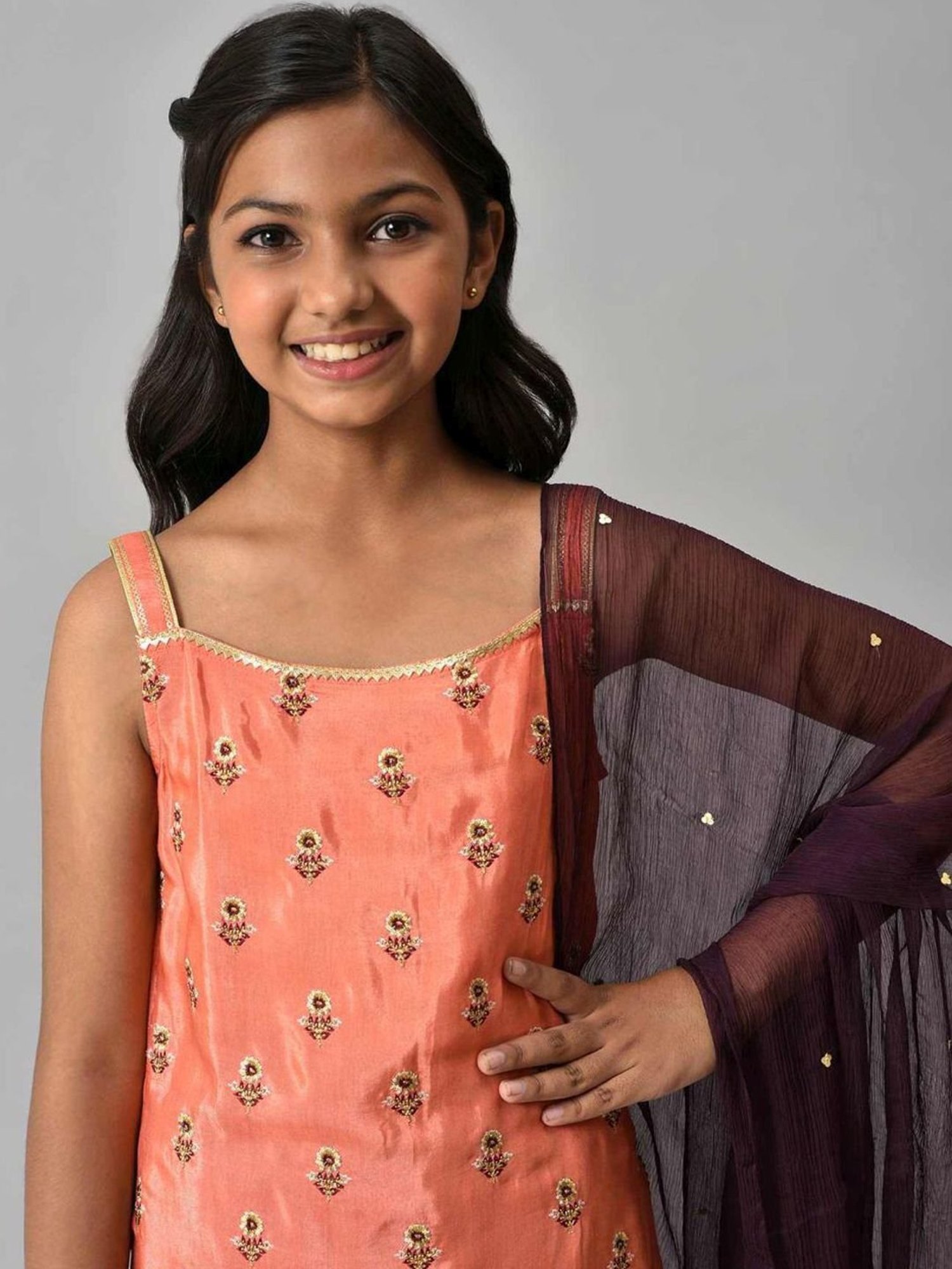 Aurelia Kids Orange & Maroon Floral Print Kurta Set