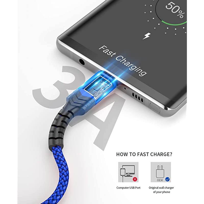 USB Type C Cable 3A Fast Charging 2Pack 66ft  USBA to USBC Charge Braided Cord Compatible with Samsung Galaxy S10 S9 S8 S20 Plus A51 A11Note 10 9 8 PS5 Controller USB C ChargerBlue