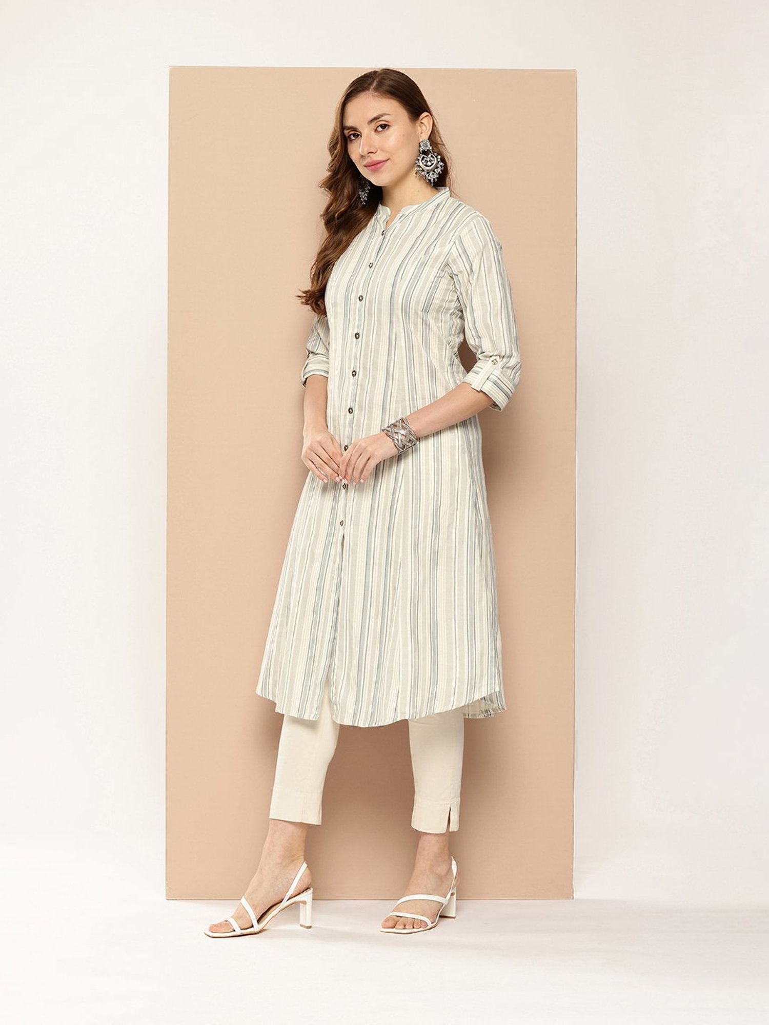 Amukti Beige Striped A-Line Kurta
