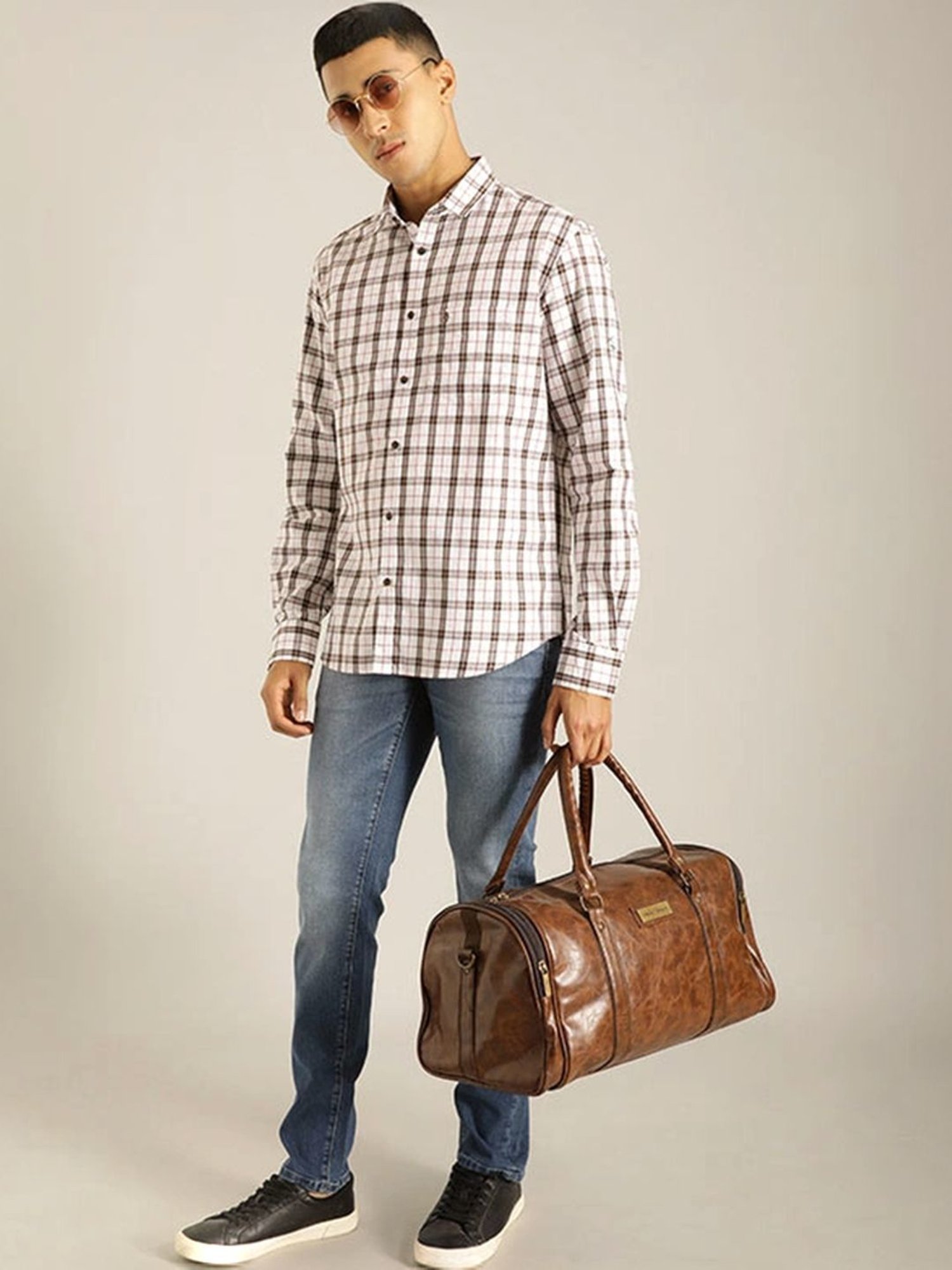 Indian Terrain Ecru Slim Fit Checks Shirt