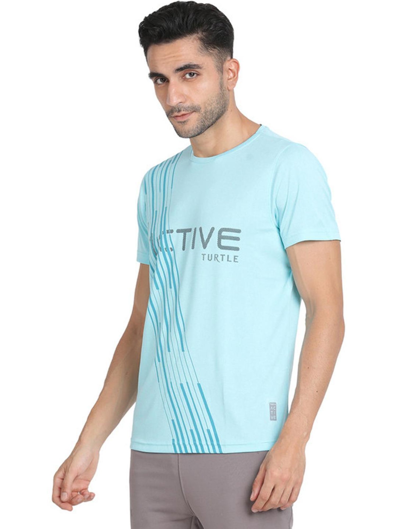 Turtle Blue Slim Fit Printed Sports T-Shirt