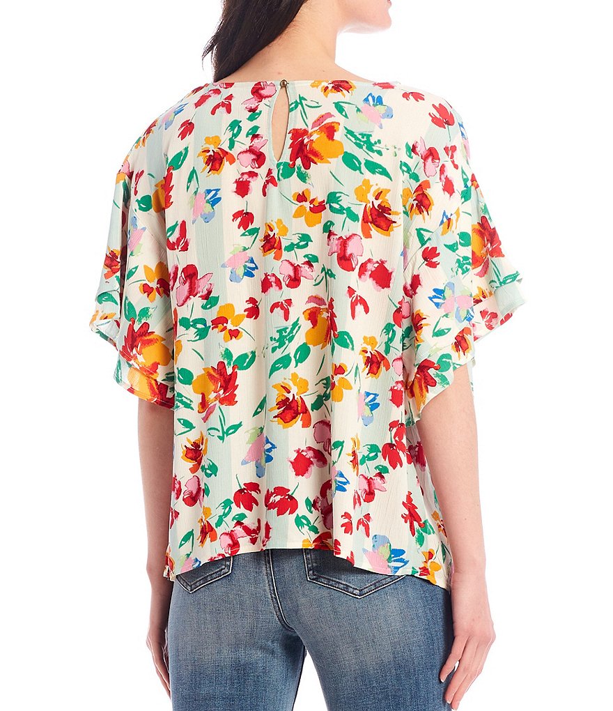 Bobeau Floral Print Double Ruffle Sleeve Jewel Neck Top
