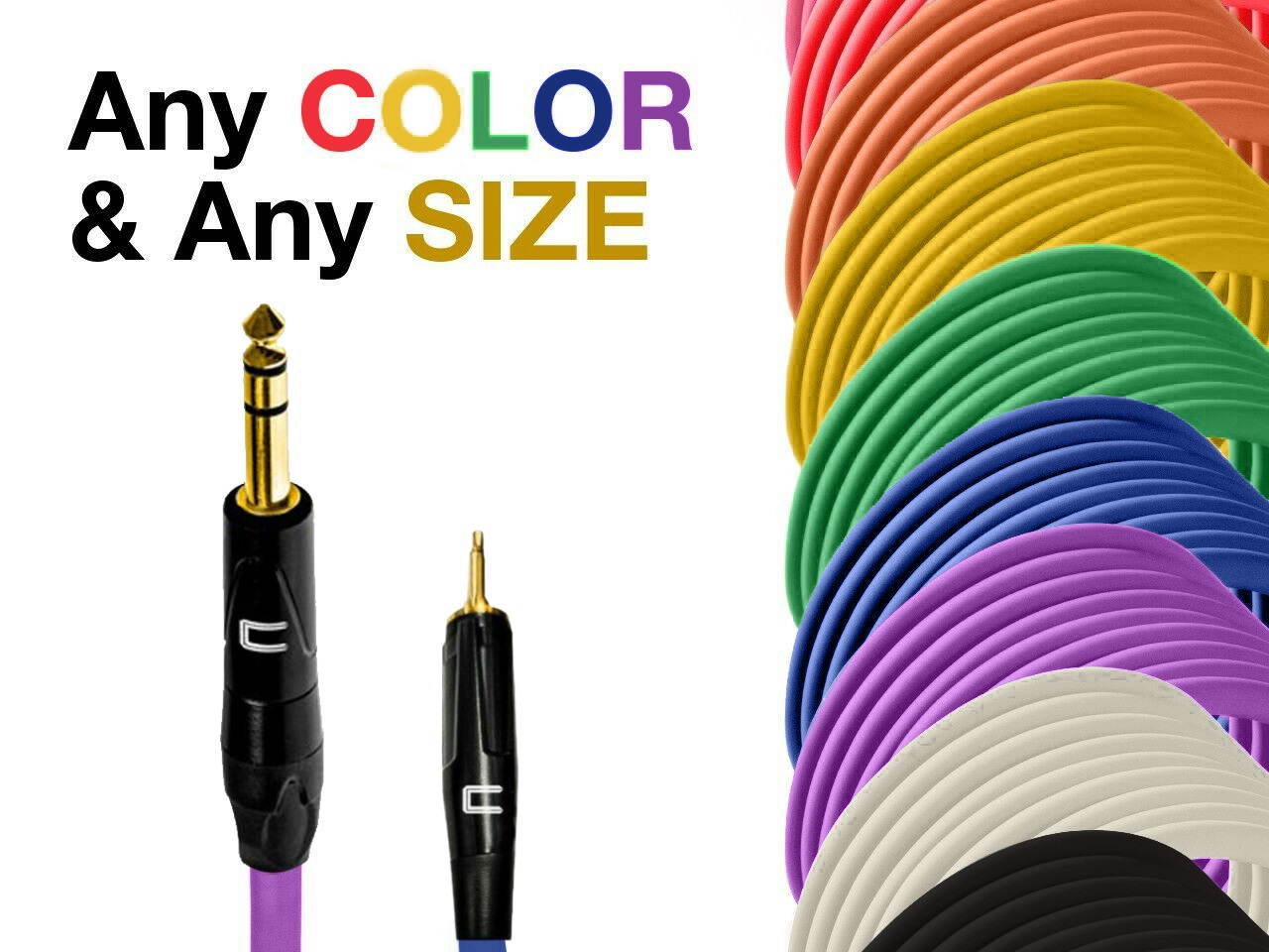 1/4" TRS Male to 3.5mm TS Unbalanced Cable - Custom Length, Color Mono Connector