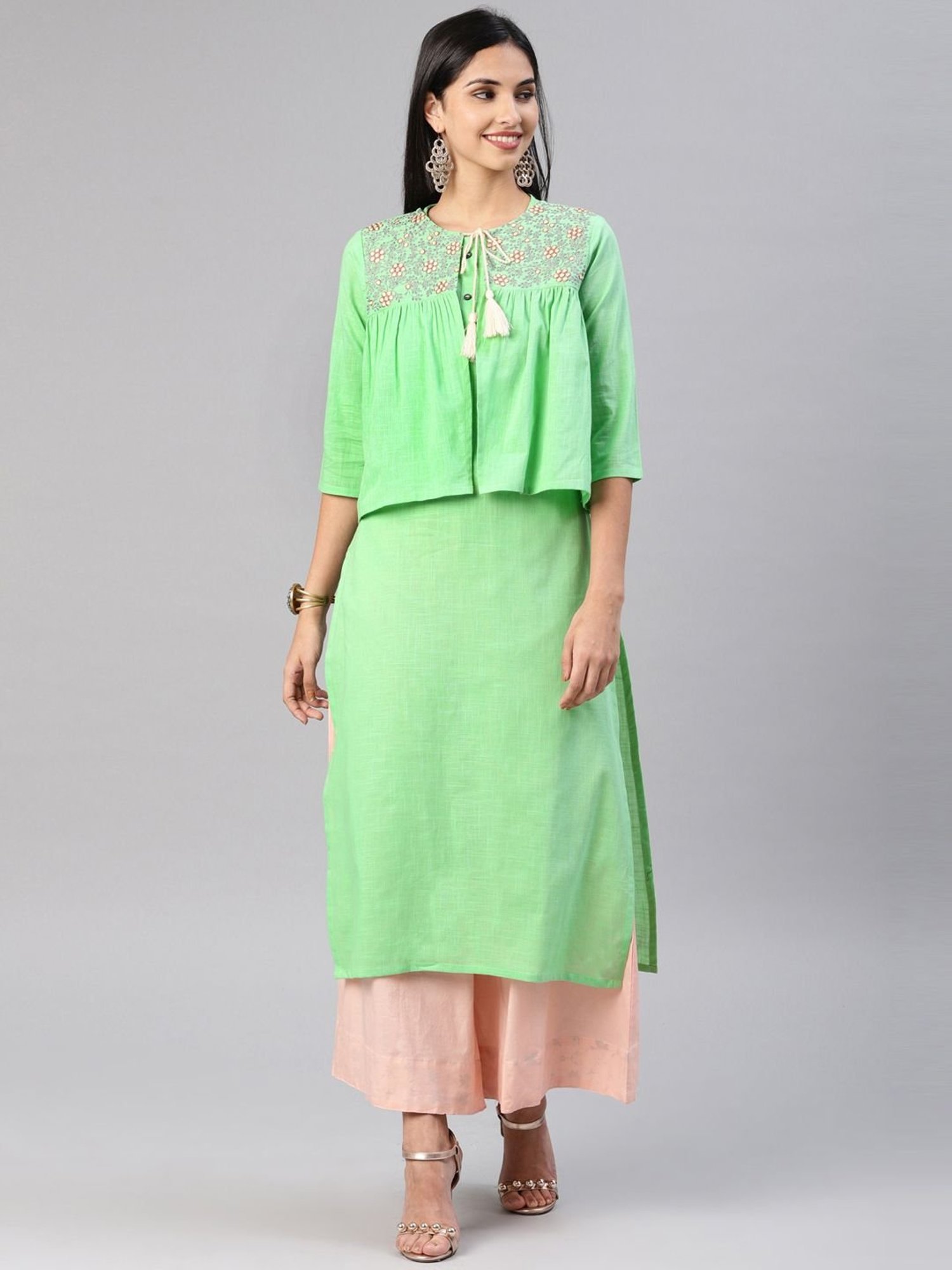 Alena Green Cotton Embroidered Straight Kurta