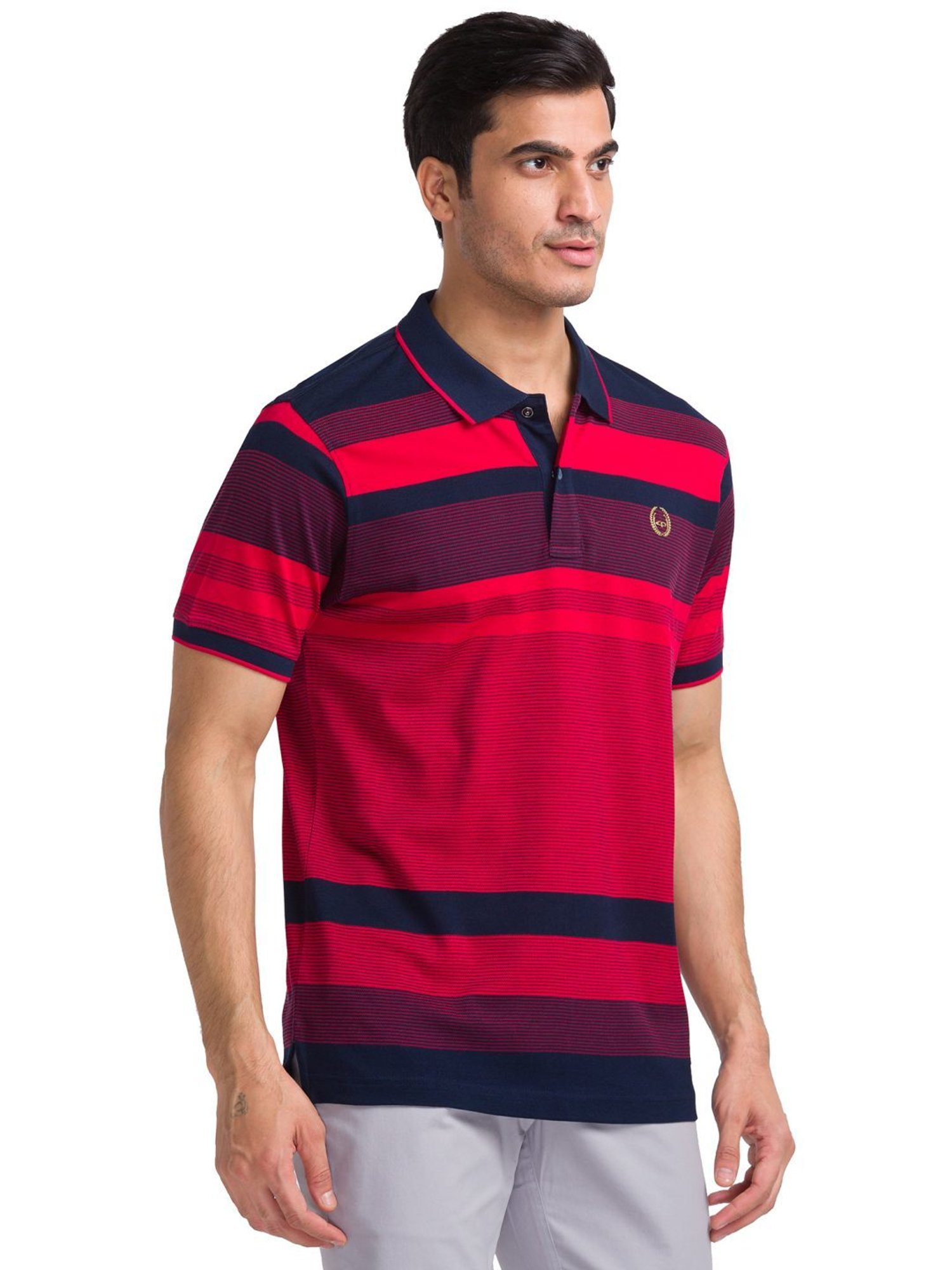ColorPlus Red Cotton Tailored Fit Striped Polo T-Shirt