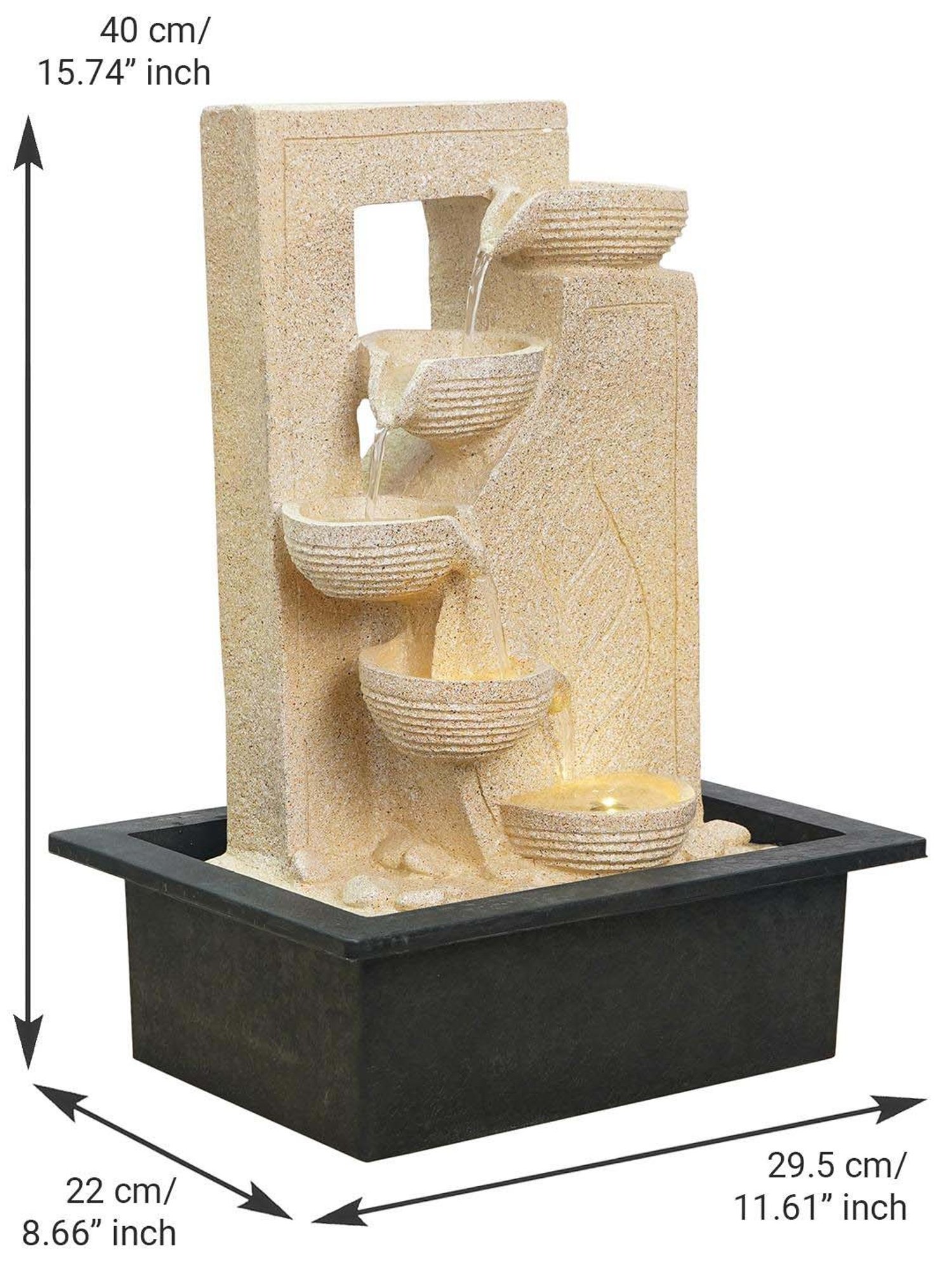 CHRONIKLE Cream Polyresin Leaf Print 4 Diya Steps Waterfall Fountain