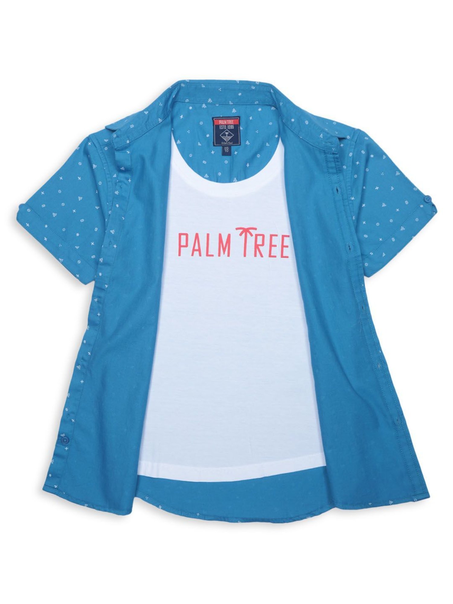 Palm Tree Kids Blue & White Printed T-Shirt With Shirt
