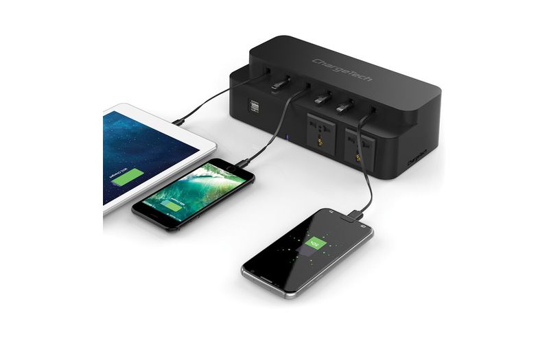 ChargeTech Power Strip Charging Station - 2 x AC Power, 2 x USB - Black