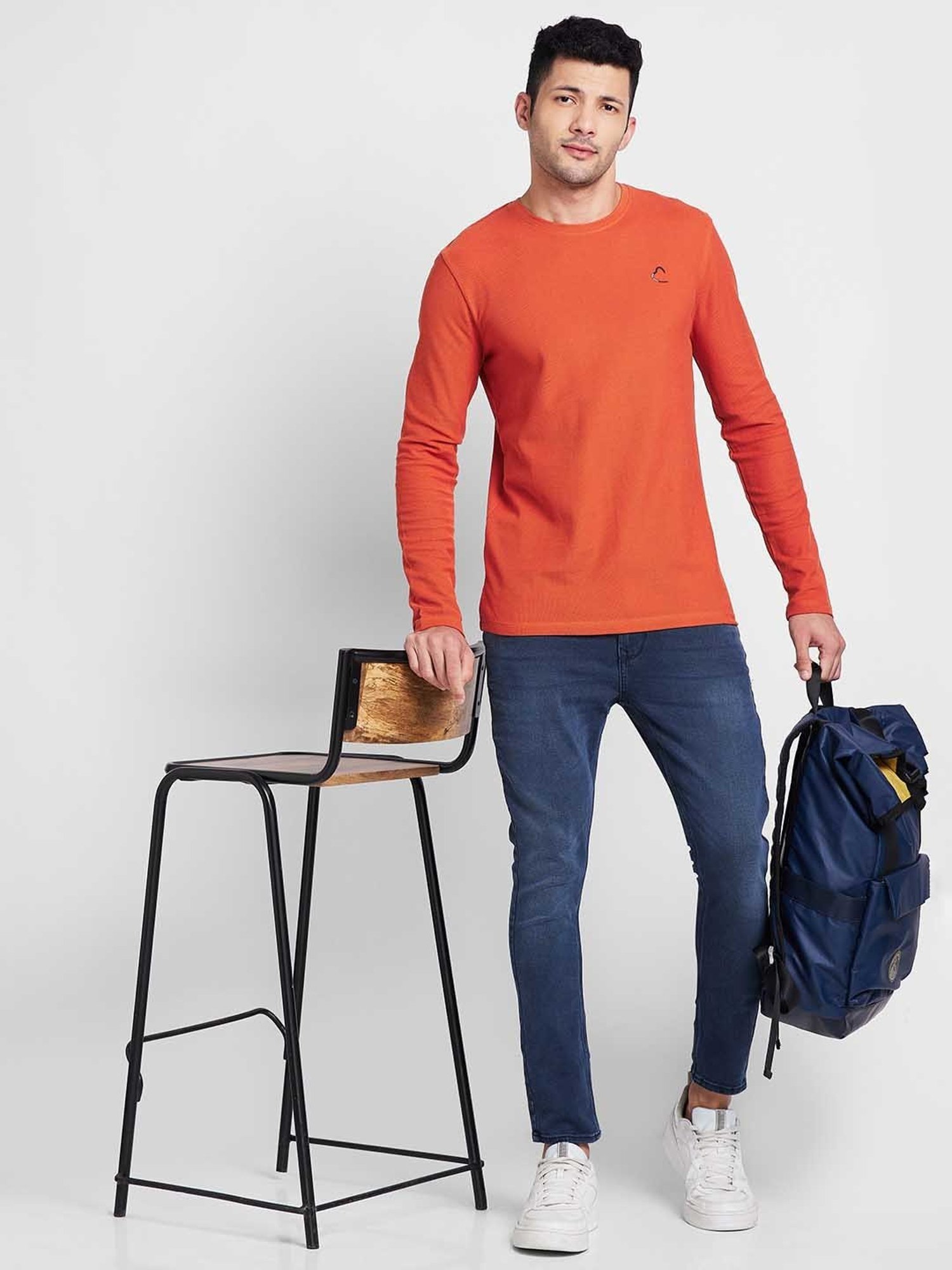 Being Human Orange Regular Fit Textured Crew T-Shirt