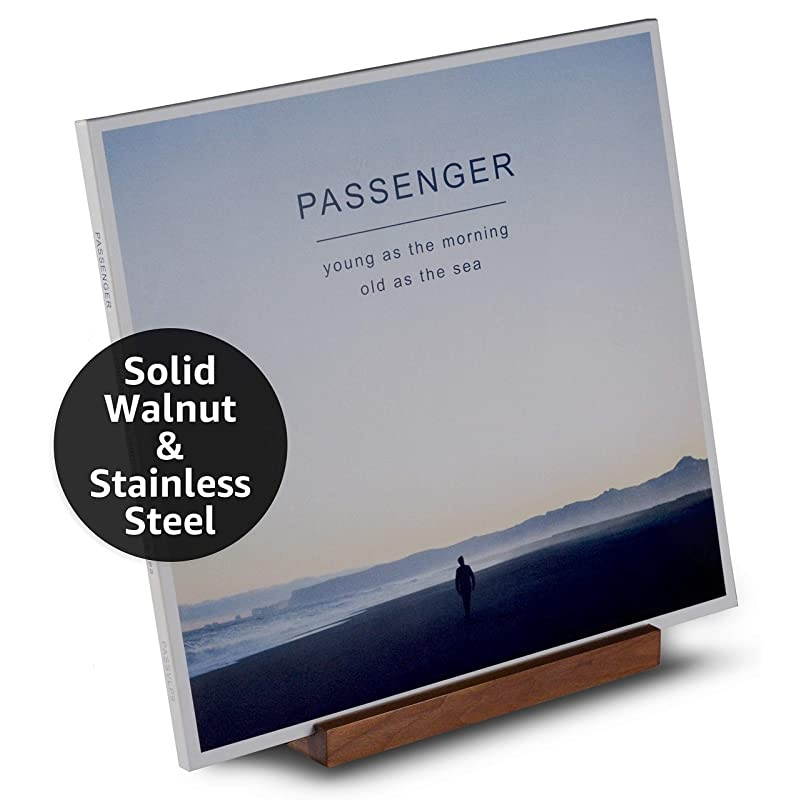 Tabletop Record Display Now Playing Vinyl Record Stand Modern Attractive Sculpted Hardwood Stainless Steel Holds Thick 2X Gatefold LPs Securely Walnut