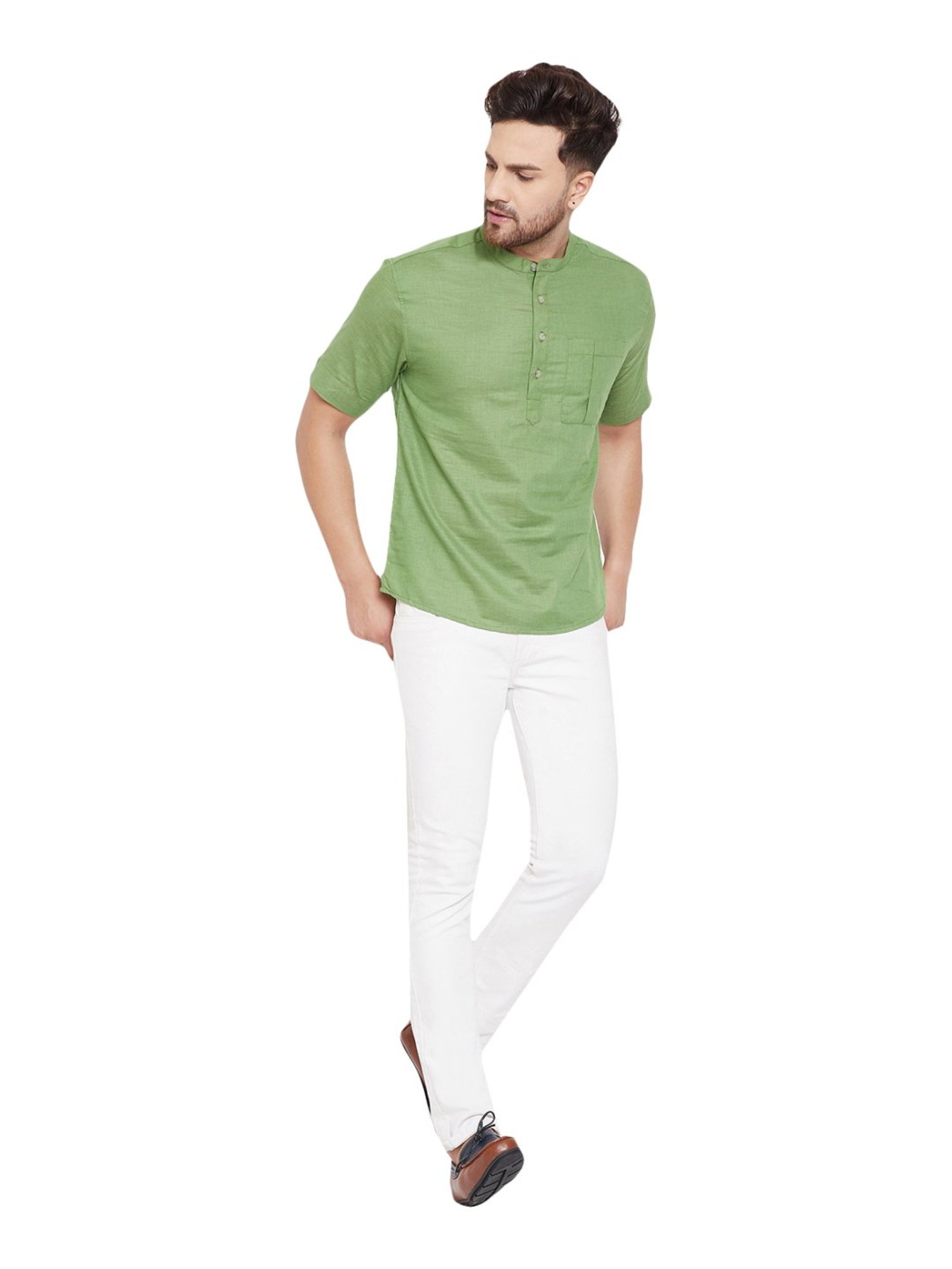 Even Green Cotton Regular Fit Short Kurta