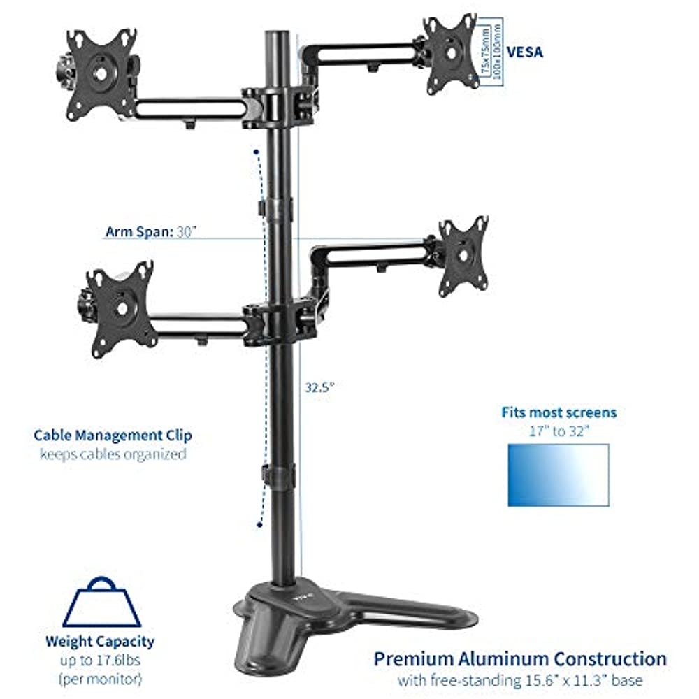 VIVO Aluminum Freestanding Quad LCD Monitor Mount Fully Adjustable Desk Stand for 4 Screens 17" to 32" (STAND-V104Z)