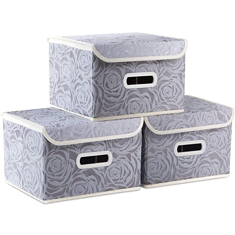 Collapsible Storage Boxes with Lids Fabric Decorative Storage Bins Cubes Organizer Containers Baskets with Cover Handles Divider for Bedroom Closet Living Room 9.8x7.9x6.7 Inch 3 Pack