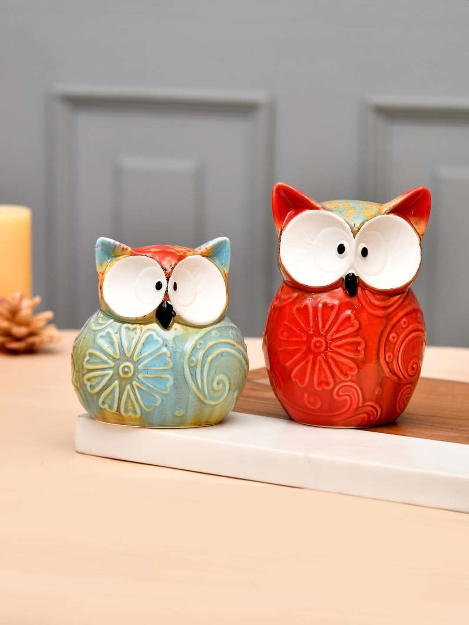 Tayhaa Multicolor Ceramic Enchanted Owl Showpiece - Set of 2