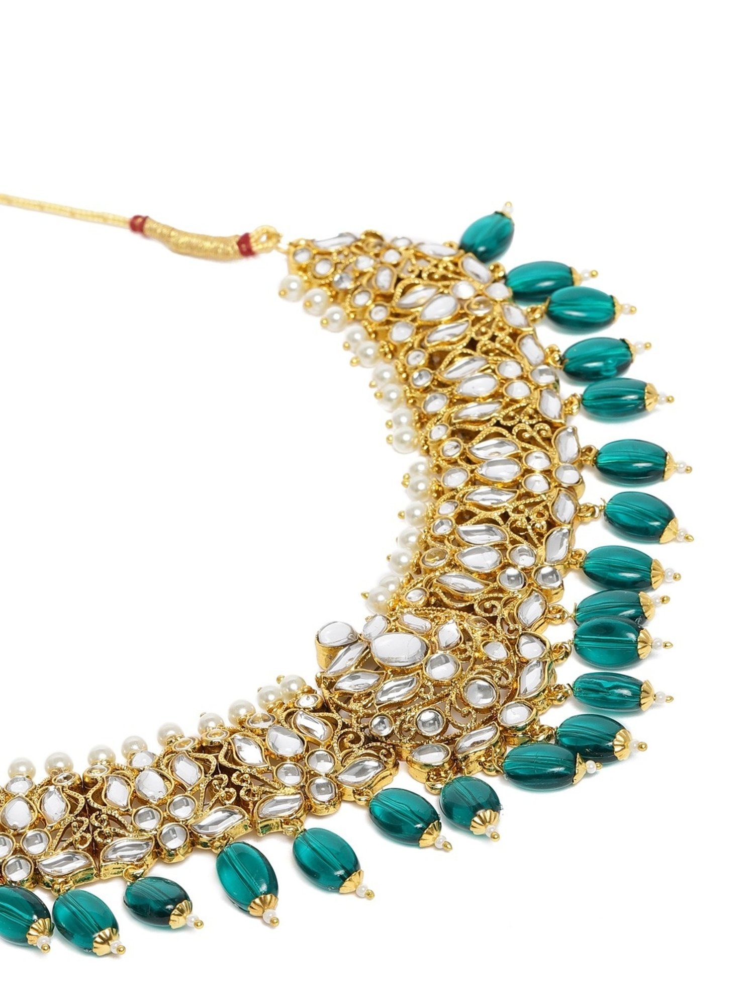 Zaveri Pearls Dangling Green Beads Traditional Kundan Necklace & Earring Set-ZPFK10246