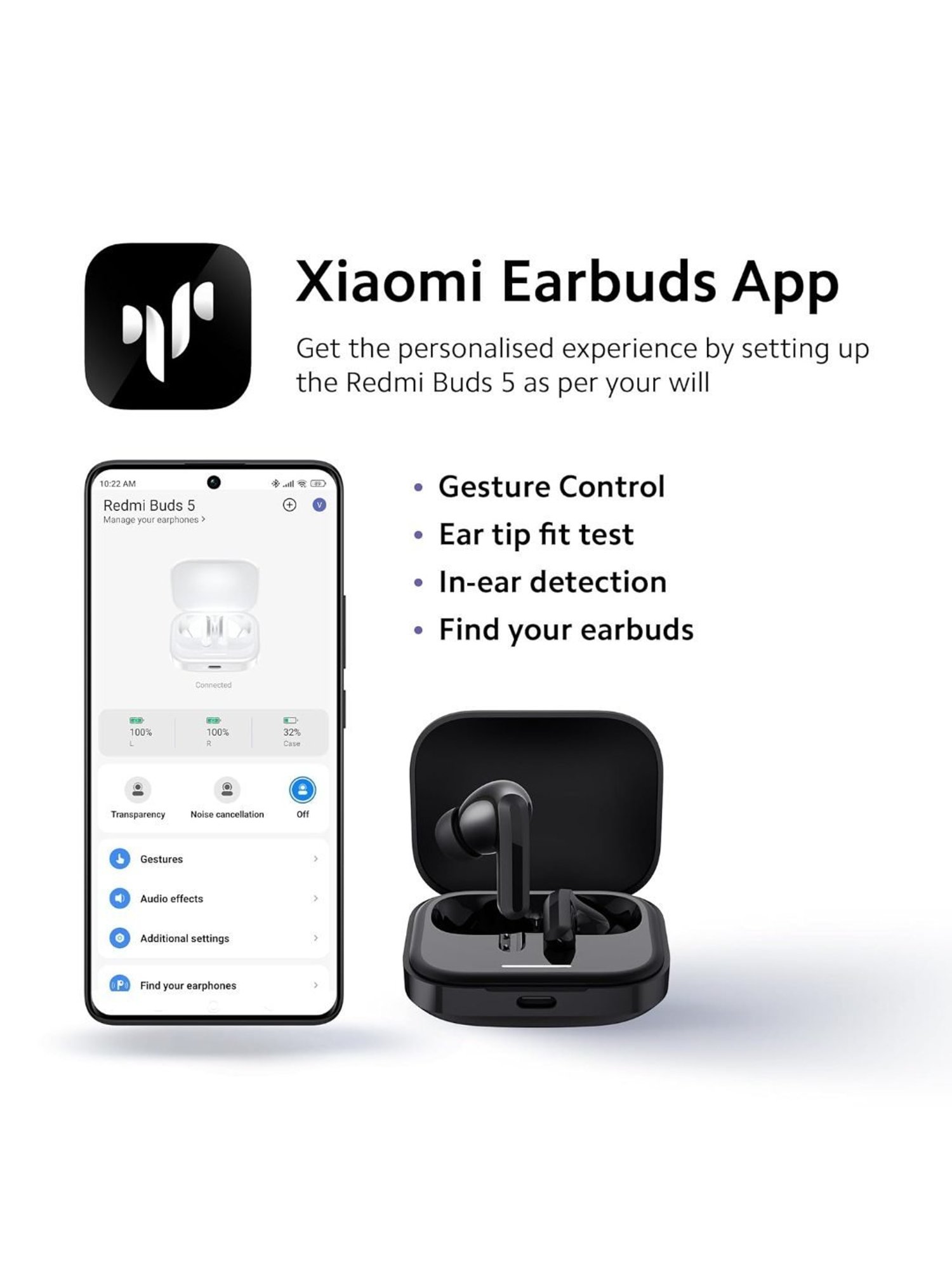 Redmi Buds 5 In Ear BT Earbuds with Upto 46dB Hybrid Noise Cancellation (Fusion Black, TWS)