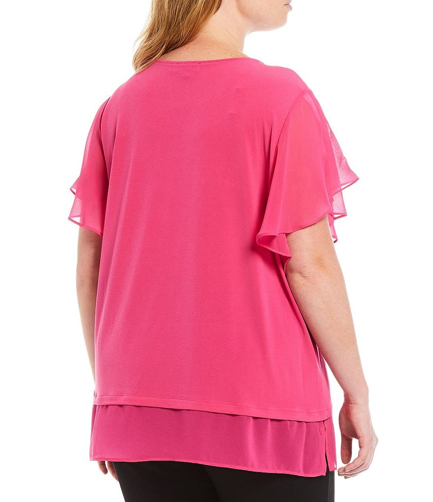 Calvin Klein Plus Size Solid Matte Jersey Jewel Neck Chiffon Ruffle Short Sleeve Double Layer Hem Top