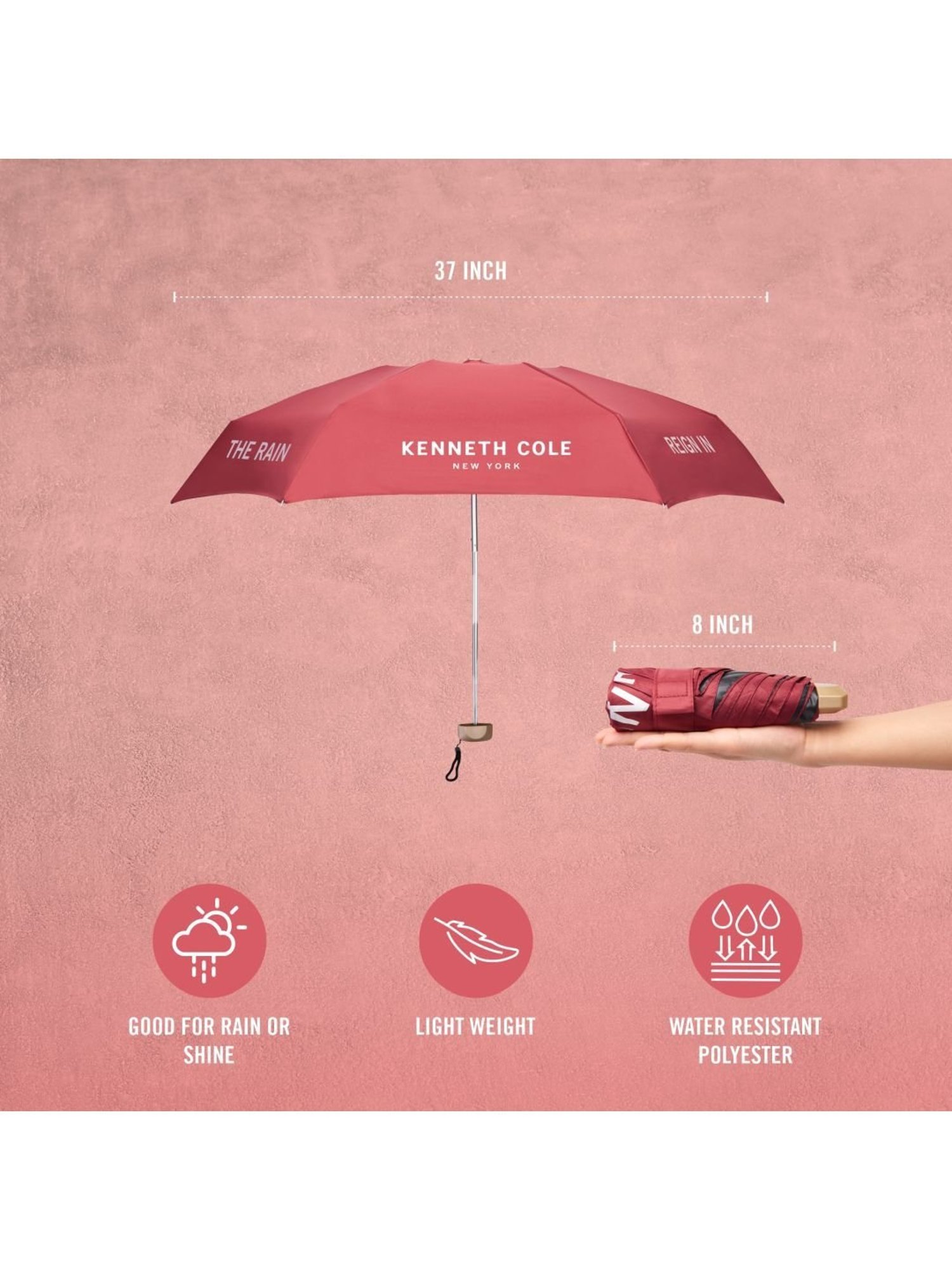 Kenneth Cole New York Mini 3 Fold UV Protection Red Umbrella