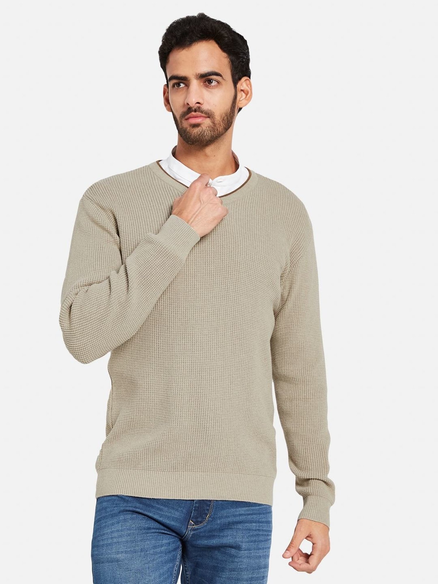 METTLE Khaki Cotton Regular Fit Sweater