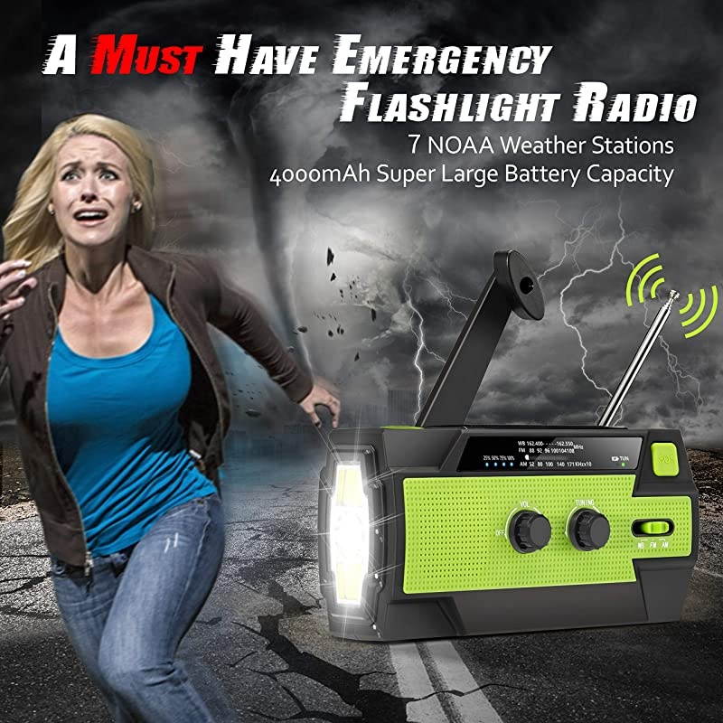 Flashlight Radio2020 Upgraded AMFMNOAA Weather Solar Crank Radio with 4000 mAh Replaceable Liion Battery Sensor Reading Lamp3 Modes FlashlightPhone Charger for Hurricanes Tornadoes