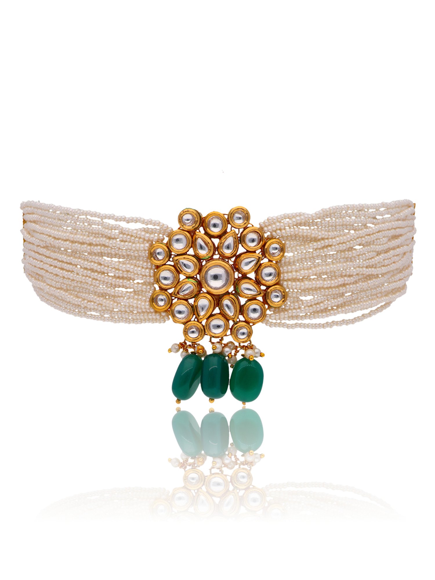 Curio Cottage Bridal Kundan and Pearls Embellished Green Necklace & Earring Set for Women