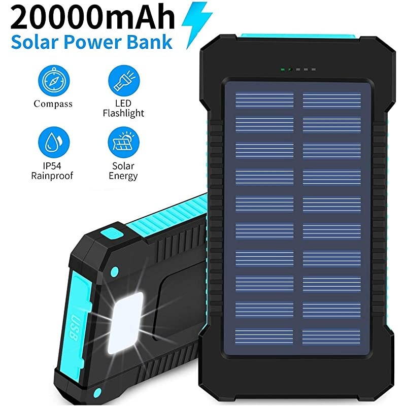 Solar Phone Charger 20000mAh Portable Power Bank Waterproof Battery Packs with Dual Ports Compass Flashlight for Camping Solar Panel for SmartphonesGoPro CameraGPS and Other Devices