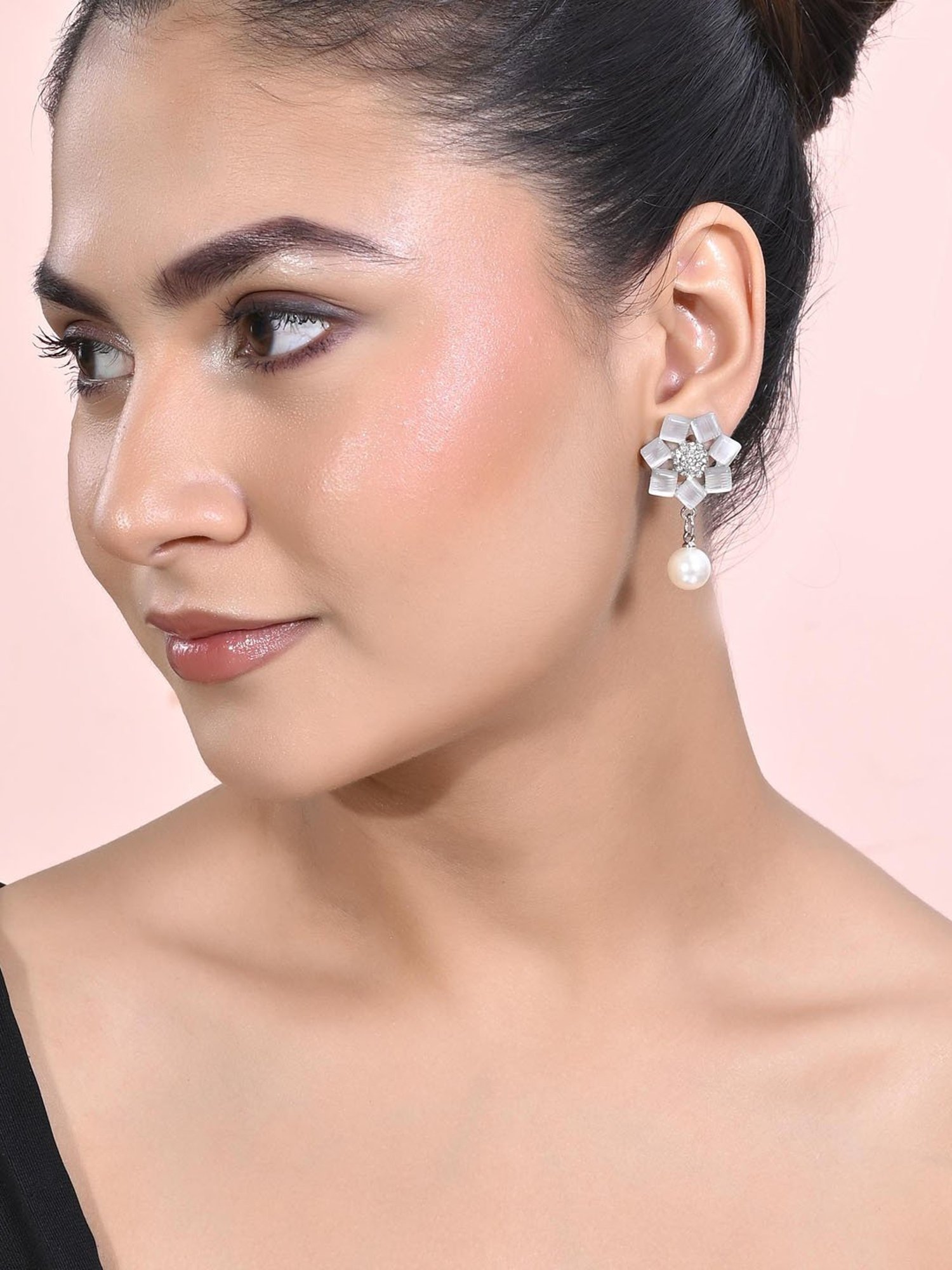 VOJ Silver Plated Floral Stone Studded Earrings for Women