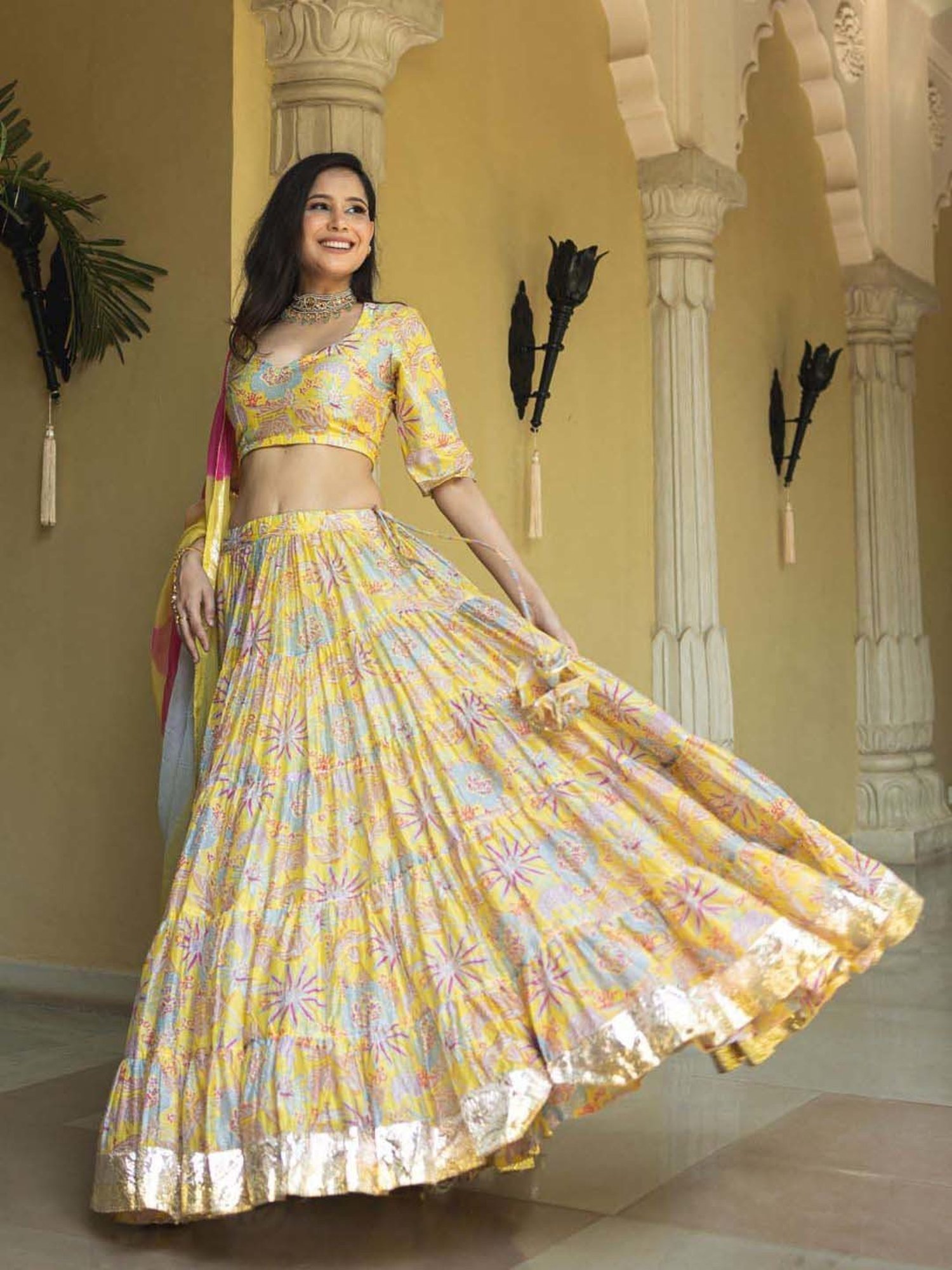 AACHHO Yellow Floral Print Lehenga Choli Set With Dupatta