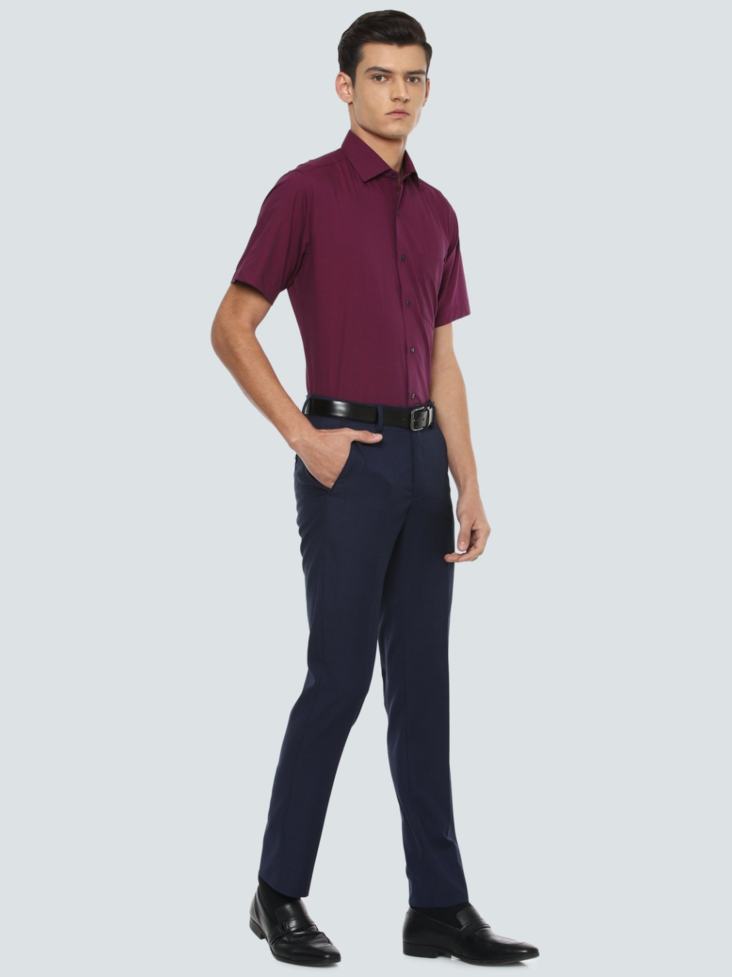 Louis Philippe Navy Slim Fit Checks Flat Front Trousers