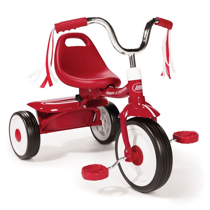 Radio Flyer 411S Kids Toddler Readily Assembled Adjustable Beginner Trike Tricycle Bike with Storage Bin and Handle Streamers, Red