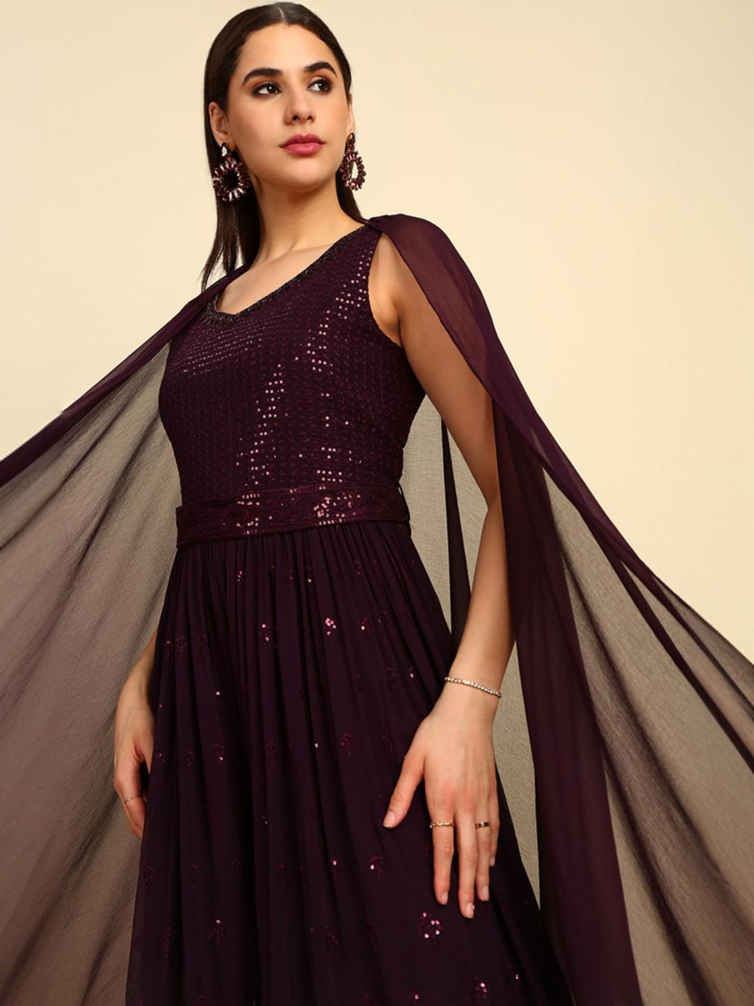 Soch Womens Wine Embellished Georgette Jumpsuit With Dupatta & Belt