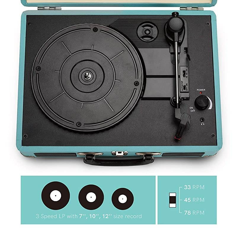 Vinyl Record Player 3 Speed Turntable Record Player with 2 Built in Stereo Speakers Replacement Needle Supports RCA Line Out AUX in Headphone Jack Portable Vintage Suitcase Teal