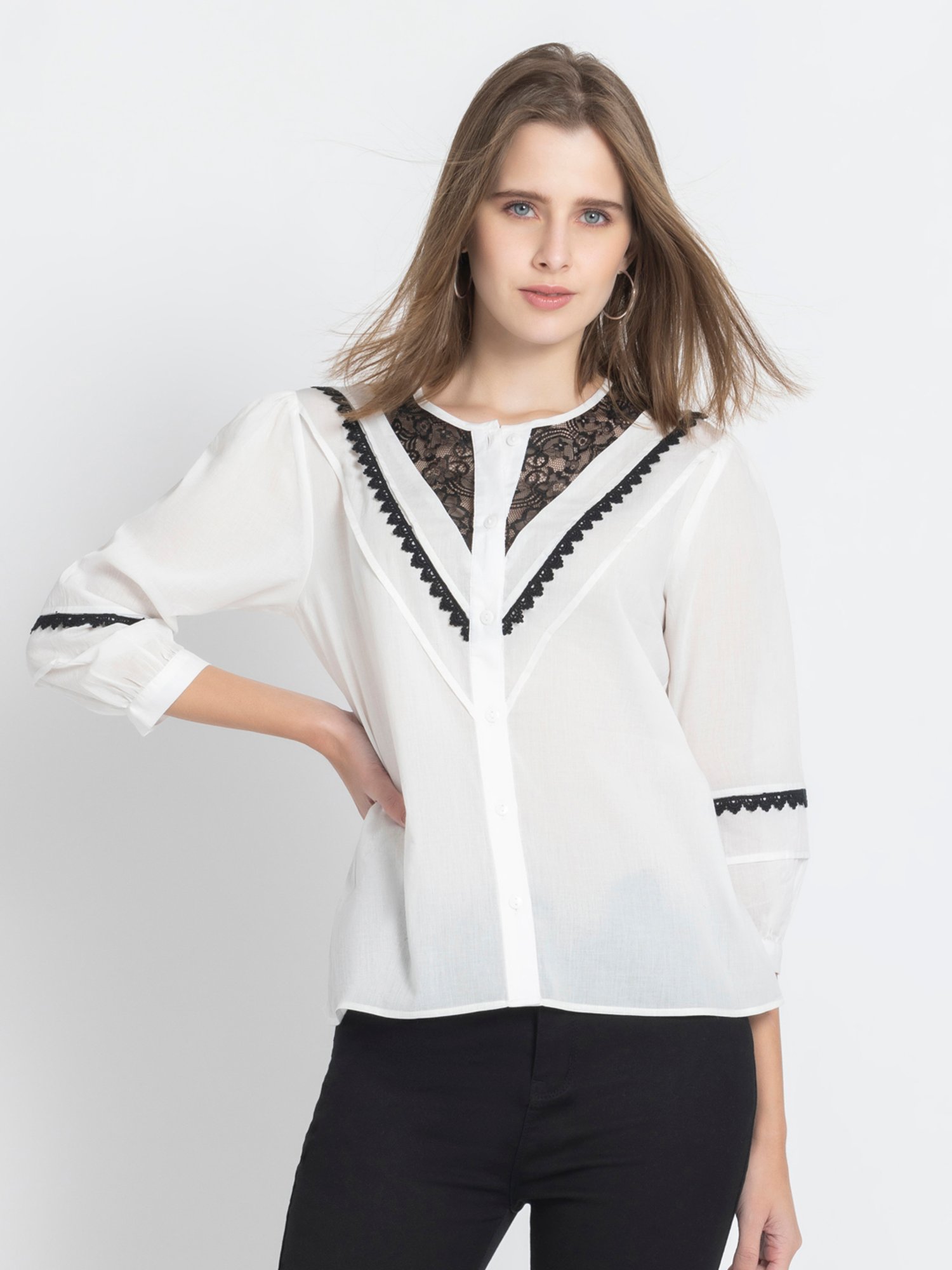 SHAYE White & Black Cotton Lace Top