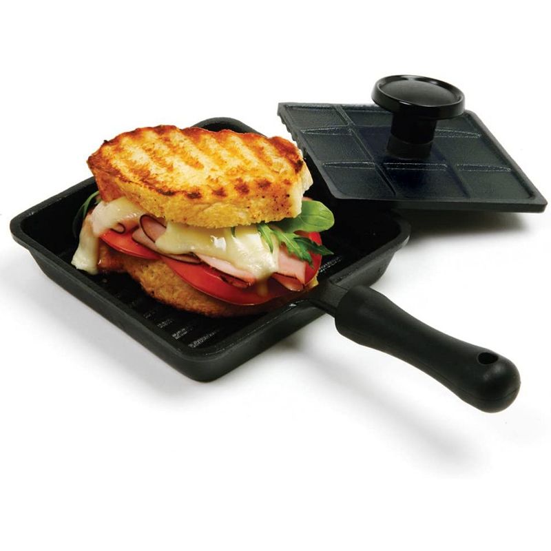 Norpro Cast Iron Mini Single Sandwich Stovetop Outdoor Kitchen Camping Panini Press Burger Bacon Grill Pan with Press, Black
