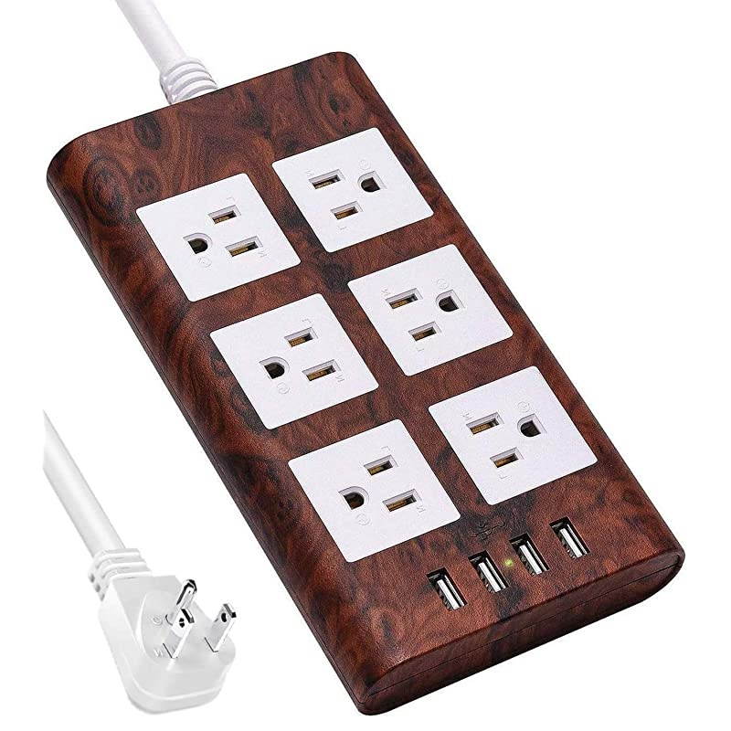 98ft 15A Surge Protector Power Strip with USB 14AWG Extension Cord 6 Outlet Flat Plug FireProof with Cable Tie as Bonus for iPhone iPad Computer Home Office Destop Wood Grain
